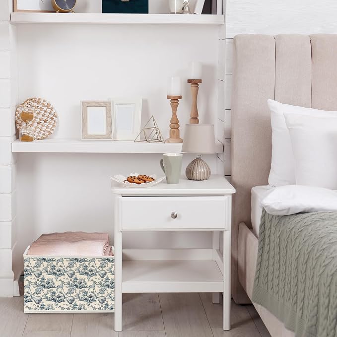 Blue and White Chinoiserie Wildlife Botanical Storage Bin Box with Handles, French Country Toile de Jouy Animal Foldable Organizer Basket Toybox for Home Bedroom Bathroom Clothes Toys Books