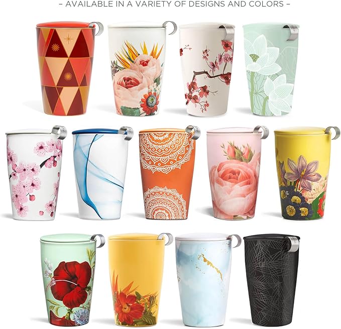 Tea Forte Double-Walled Ceramic Kati Cup, Removable Stainless Steel Infuser Basket and Lid, Steeps 12 oz Loose Leaf Tea, Dishwasher & Microwave Safe, Noir