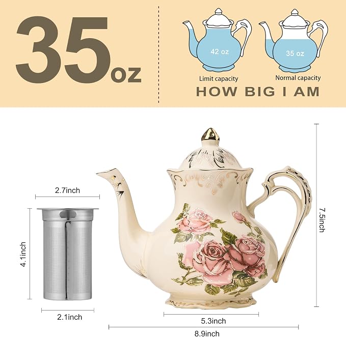 YOLIFE Ivory Rose Teapot, 35 OZ/ 4 Cup Porcelain Tea Pot with Infuser for Loose Leaf Tea, Vintage Floral Teapot and Gold Trim
