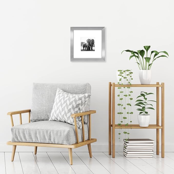 Americanflat 8x8 Picture Frame - Matted to 4x4 - Engineered Wood - Silver | Shatter-resistant glass, wall or tabletop display with included easel, sawtooth hangers included
