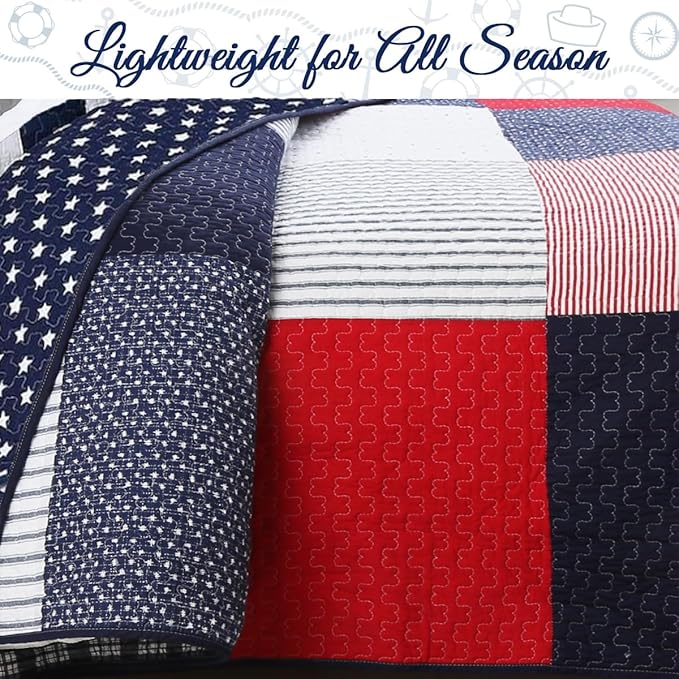 Cozy Line Home Fashions 100% Cotton Sailor Navy Blue Star Striped Print Cotton Reversible Bedding Quilt Set (Patriotic Patchwork, Twin)