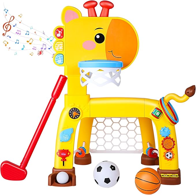 4-in-1 Toddler Basketball Hoop, Soccer Goal, Golf Toy & Ring Toss Game with Lights and Music, Kids Sports Activity Center Gifts for Boys and Girls Ages 1-3