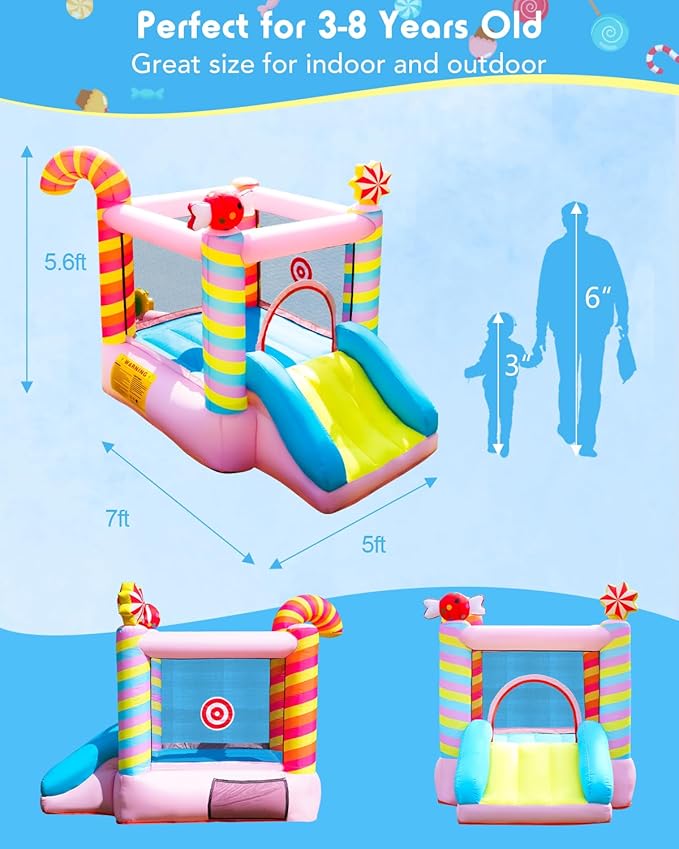 Candy Bounce House for Kids Ages 3-6, Sweet Inflatable Bouncy Castle with Slide, Indoor Outdoor Small Jumping House, Mini Toddler Bounce Castle for Birthday Gifts and Holidays(Without Blower)