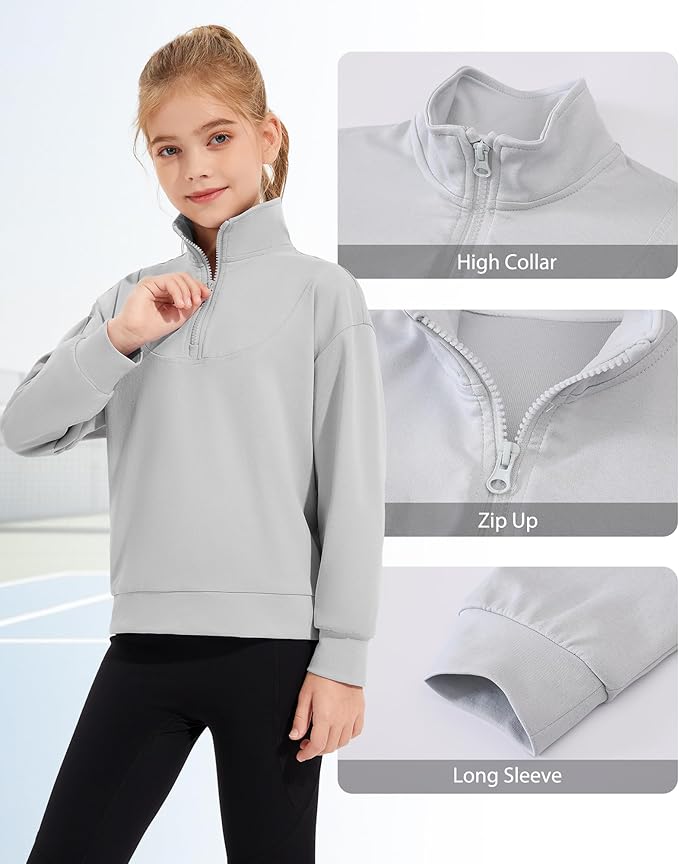 Girls Quarter Zip Sweatshirt Long Sleeve Pullover Tops Kids Casual Spring Outfits for Teen Girls, 5-14 Years