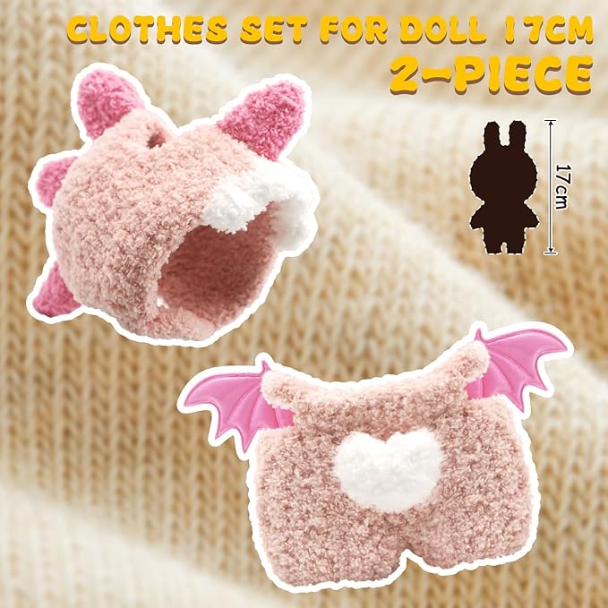 17cm Doll Clothes, Dinosaur Costume with Wings, Faking Animal Style Outfit for Cute Plush Doll, Handmade Jumpsuits for Keychain Accessories(Pink)
