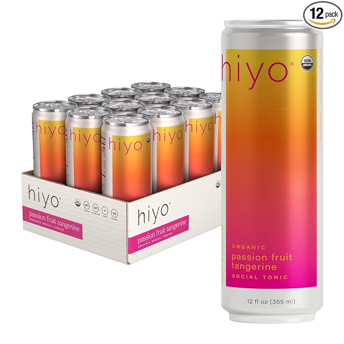 Hiyo Organic Social Tonic – Passion Fruit Tangerine, 12 Pack - Non-Alcoholic Functional Seltzer, Flavored Sparkling Water Crafted with Organic Adaptogens, Nootropics & Botanicals