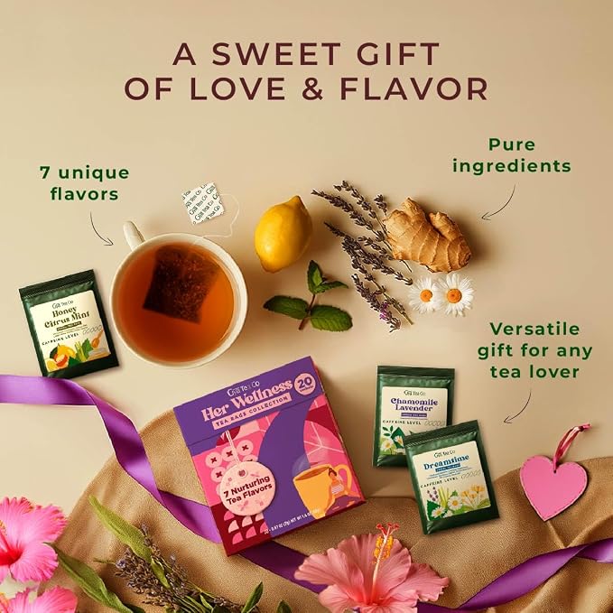 Gya Tea Co Her Wellness Assorted Tea Bags Variety Pack - 20 Bags 7 Seasonal Flavors - Caffeinated & Caffeine Free Holiday Tea Sampler Gift Set Box - Easy Brew, Natural Ingredients, Enjoy Hot or Iced