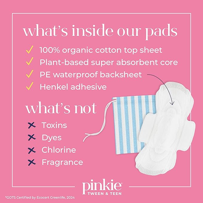 Pinkie Period Starter Pads - Designed for Smaller Underwear - Organic Cotton Topsheet Tween & Teen Pads with Wings - Chlorine Free & Fragrance Free - Teen Regular, 18 Count