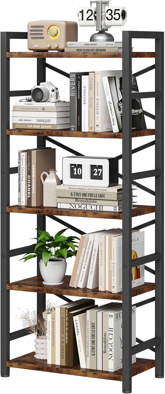 Organization and Storage, 5 Tier Bookshelf, Tall Bookcase with Shelves, Wood and Metal Book Shelf Storage Organizer, Industrial Display Standing Shelf Unit for Bedroom, Living Room, Rustic Brown