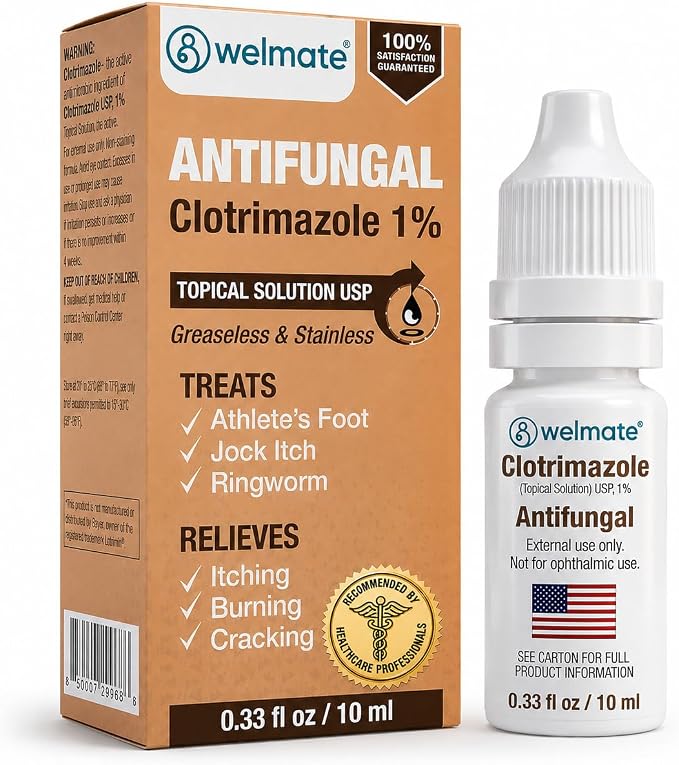 WELMATE Clotrimazole 1% Antifungal Topical Solution | 0.33 fl oz (10mL) Athlete's Foot, Jock Itch, Ringworm Treatment & Ear Drops, Greaseless Non-Staining, Fast Relief for Itchy, Burning Skin