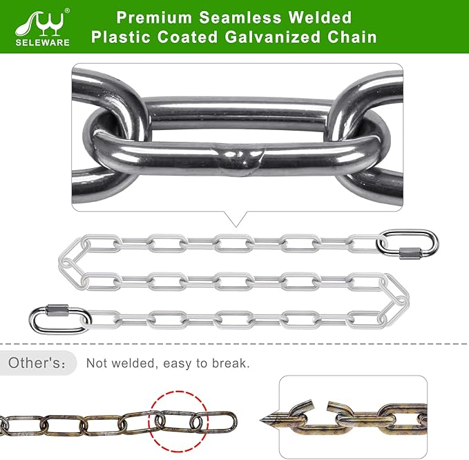 SELEWARE 2 Pack 40 Inch Hanging Swing Chain with 4 Carabiners, 1000LB Capacity Plastic Coated Hanging Chains, Hammock Hardware Kit for Swing, Hanging Chair, Punching Bags, Indoor Outdoor Gym (White)