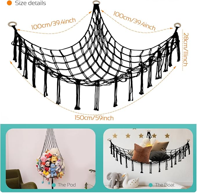 Stuffed Animal Storage Hammock Large Toy Storage Net Stuff Animal Hanging Organizer Holder for Plush Plushie Included Anchors & Hooks Teddy Bear Storage Boho Room Decor