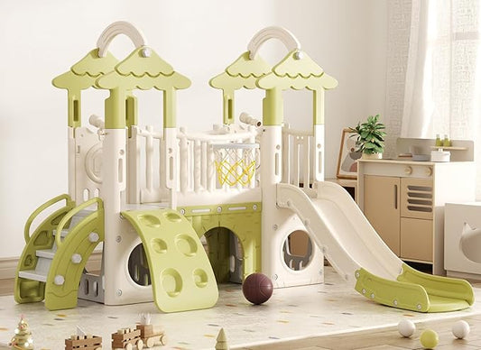 YUFU 9 in 1 Toddler Slide, Kids Slide with Double Climbers, Basketball Hoop, Tunnel and Storage Space, Indoor Outdoor Playset for Toddlers Age 1-3 (Green)
