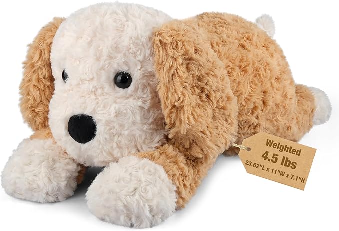 Bobbie & Laxi 24" 4.5lbs Patchwork Dog Weighted Stuffed Animal–Adjustable Sitting & Laying Weighted Dog Plush Toy Pillow with Removable Ceramsite Bag Cuddly Soft Companion for Adult, Kid