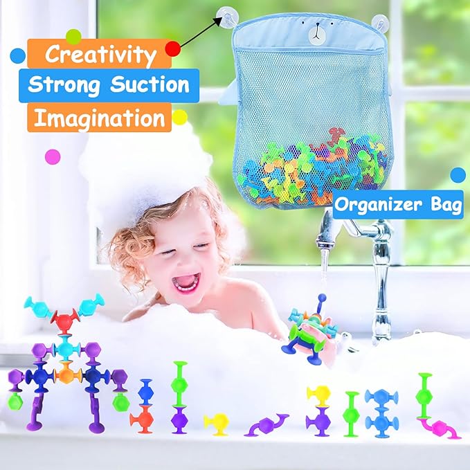 165Pcs Suction Cup Toy Bath Sensory Toys for Kids Genius Suckers Building Toys Party Favor Gift for 3 4 5 6 Year Old Boy Girl Toddler Travel Fidget Window Toy with Storage Organizer