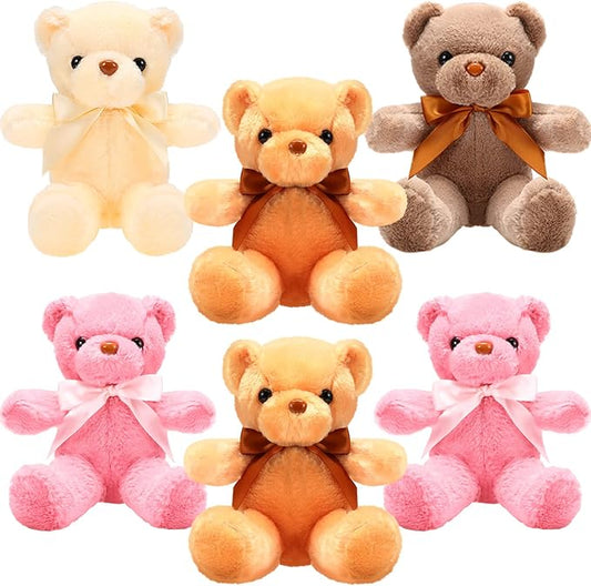 Aoriher 6 Pcs Bear Stuffed Animal Bulk Baby Shower Bear Plush Toys Soft Cute Sleeping and Playing Decorations for Kids Back to School Gift Baby Shower Birthday Party Favor(Beige, Brown, Pink)