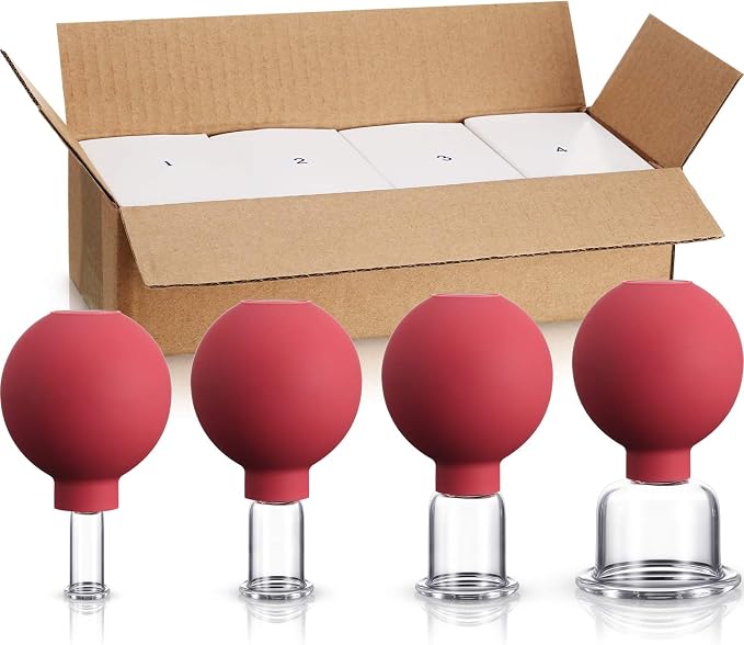 BBTO 4 Pieces Glass Cupping Set Glass Silicone Cupping Cups Massage Vacuum Suction Cupping Cups for Body Face Leg Arm Back Shoulder Muscle and Joint Pain (Red)