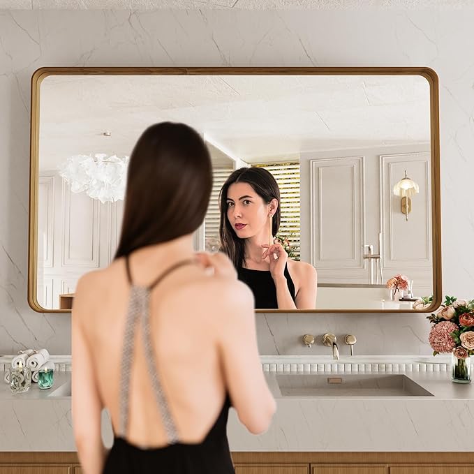 LOAAO 60X36 Inch Bathroom Mirror with Wood Grain Colored Metal Frame | Rounded Rectangle Metal Framed, Anti-Rust, Hangs Horizontally or Vertically, Tempered Glass