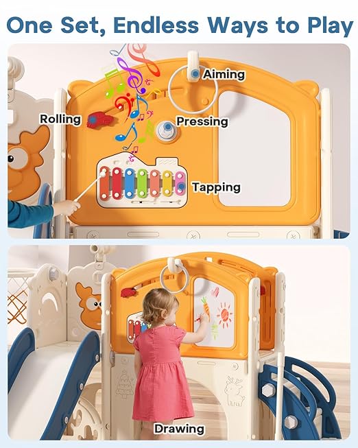 BIERUM Toddler Slide Set, 13 in 1 Kids Indoor Slide for Toddler 1-3, Indoor Outdoor Toddler Slide Playset with Basketball Hoop, Golf Game & Drawing Board, Baby Indoor Slide Playground, Blue&Yellow