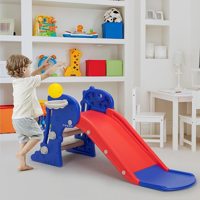 Nyeekoy 3 in 1 Toddler Slide, Kids Slide Climber Playset with Basketball Hoop, Indoor and Outdoor Playground for Kids, Folding Design Freestanding Baby Slide, Easy Assembly