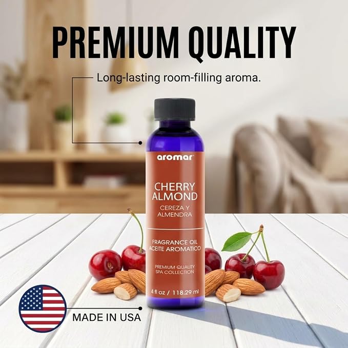 Aromar Premium Fragrance Oil, Long-Lasting, Refreshing Uplifting Aroma for Aromatherapy, Relaxation & Household Uses, Cherry Almond 4 oz.