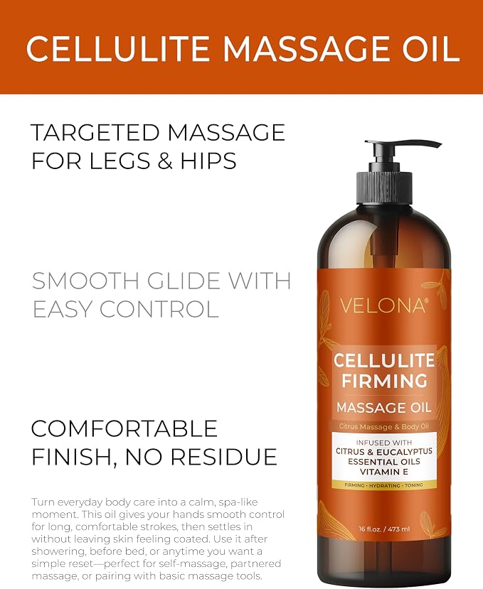 velona Cellulite Massage Oil – 16 Fl Oz | Vitamin E & Citrus Essential Oils | Massage Therapy for Legs & Body Oil | Moisturizing, Firming, Tightening, Smooth Skin | Professional Spa & Home Massage