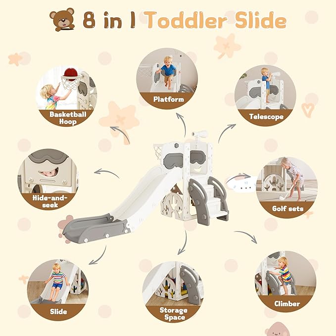 8-in-1 Toddler Slide, Indoor Slide for Toddlers Ages 1-3 and Indoor/Outdoor Play Set Playground with Storage, Climber, Telescope, Golf Set, Drawing Set, Basketball Hoop Bear Theme