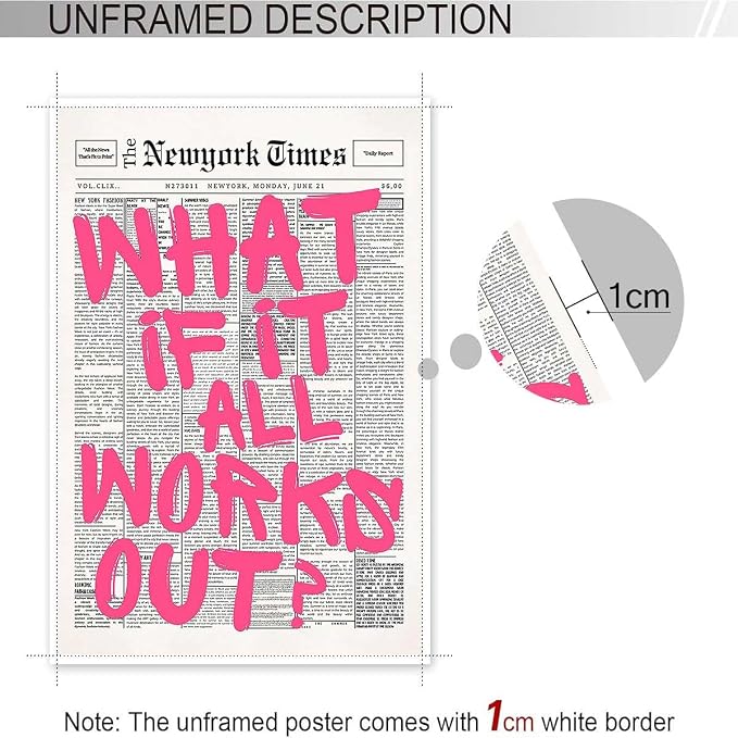 Drimiler Retro Newspaper Pink Font Poster What If It All Works Out Canvas Wall Art Positive Affirming Quote Minimalist Prints Painting For Home Bedroom Dorm Wall Decor 16x24in Unframed