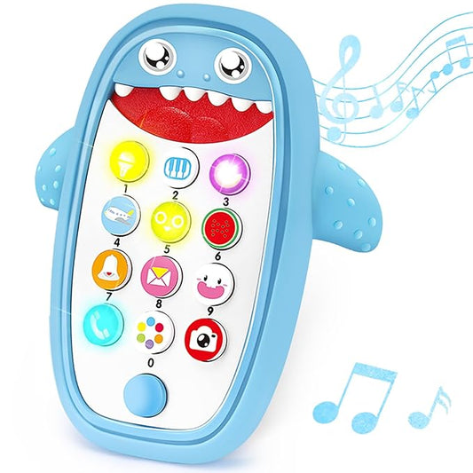 Baby Shark Cell Phone Toy Removable Teether Case, Light, Music & Adjustable Volume Kids Play & Learn Fake Phone Infant Toddler, Preschool Holiday Birthday Present for Girl Boy 0-6, 6-18 Months (Blue)