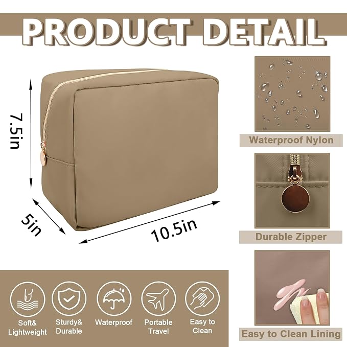 UIXIZQ Large Makeup Bag Pouch,Nylon Women Travel Toiletry Storage Bag Preppy Cosmetic Bag for Girls,Big Makeup Organizer Bag Cute Zipper Pouch Skincare Bag for Sport Work Gift(Large-Khaki)