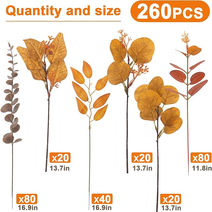 260 Pcs Fall Mixed Greenery Artificial Eucalyptus Stems Bulk, 6 Kinds of Fake Eucalyptus Leaves, Autumn Faux Floral Arrangement for Wedding Bouquet, Farmhouse Home Thanksgiving Decor (260, Orange)