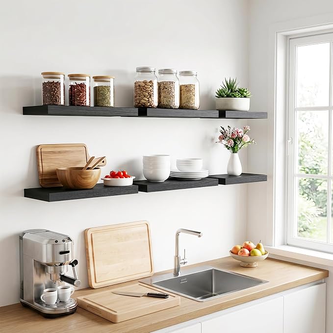 Fixwal Black Shelves, 15.7in Floating Shelves, Farmhouse Shelf Wall Decor for Bathroom, Bedroom, Living and Kitchen Set of 6
