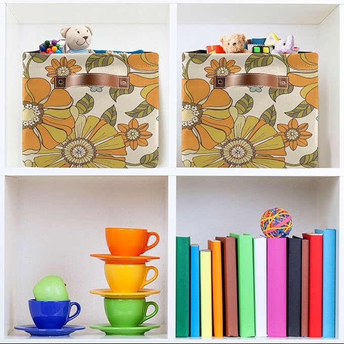 Aslsiy Storage Basket Vintage 70s Style Flowers Nursery Bins Baby Box Canvas Clothes Shelf Basket Laundry Hamper Gift Baskets for Home Closet 1 Pcs
