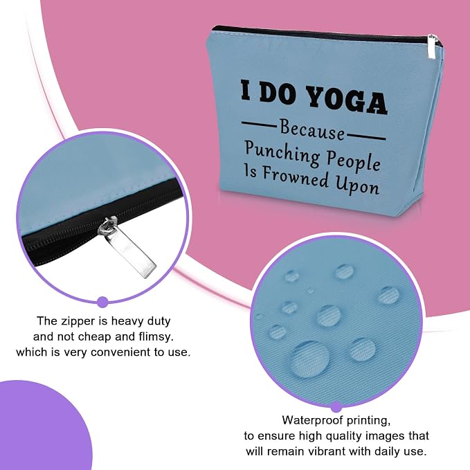 Sazuwu Yoga Gifts for Her - Blue Makeup Bag & Funny Cosmetic Bag for Yoga Lovers & Instructors