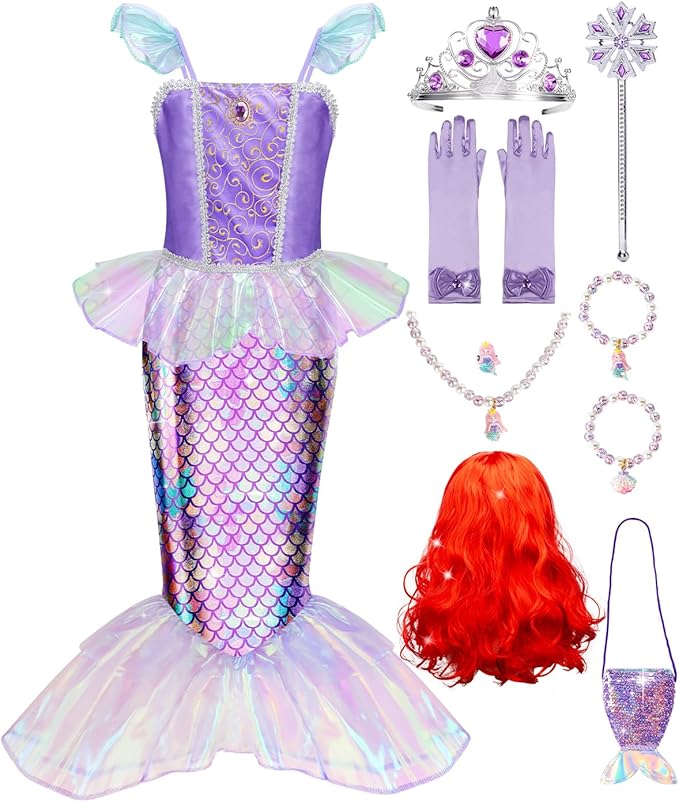 Meland Mermaid Dress - Little Mermaid Costume with Bag for Girls 3-10, Princess Dress Up for Birthday Gift, Halloween Costume