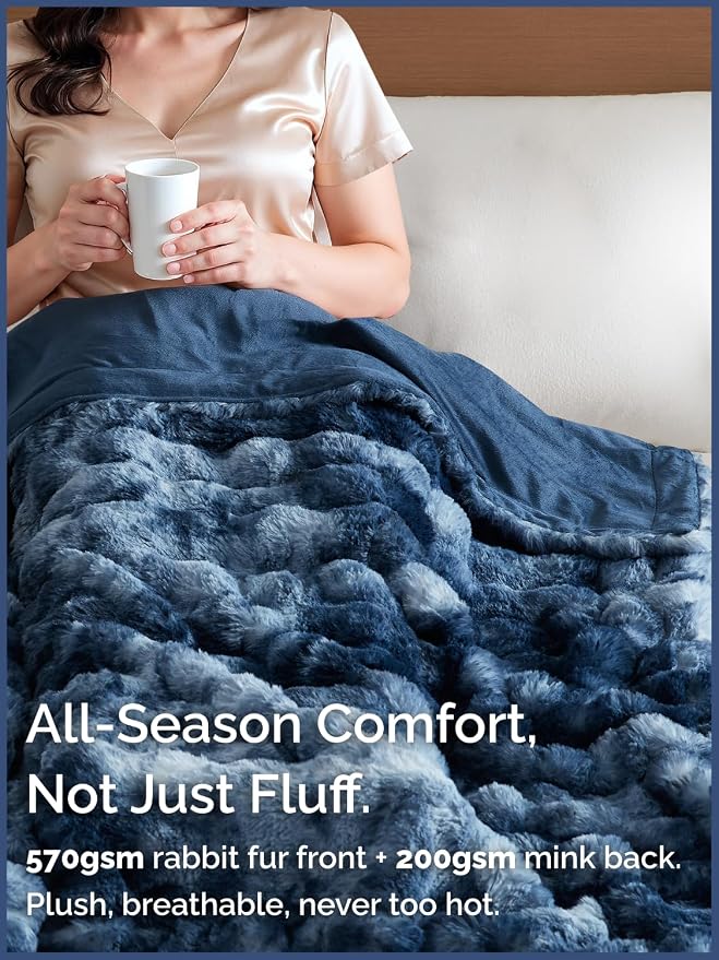 3D Fleece Bubble Blanket Twin - Rabbit Blanket - 60" x 80", Marble Blue | Soft Fluffy Faux Fur Blanket for Couch Sofa & Chair, Cozy Gifts for Women, Tie Dye Cloud Throw Bed Cover, Thick Plush Bedding