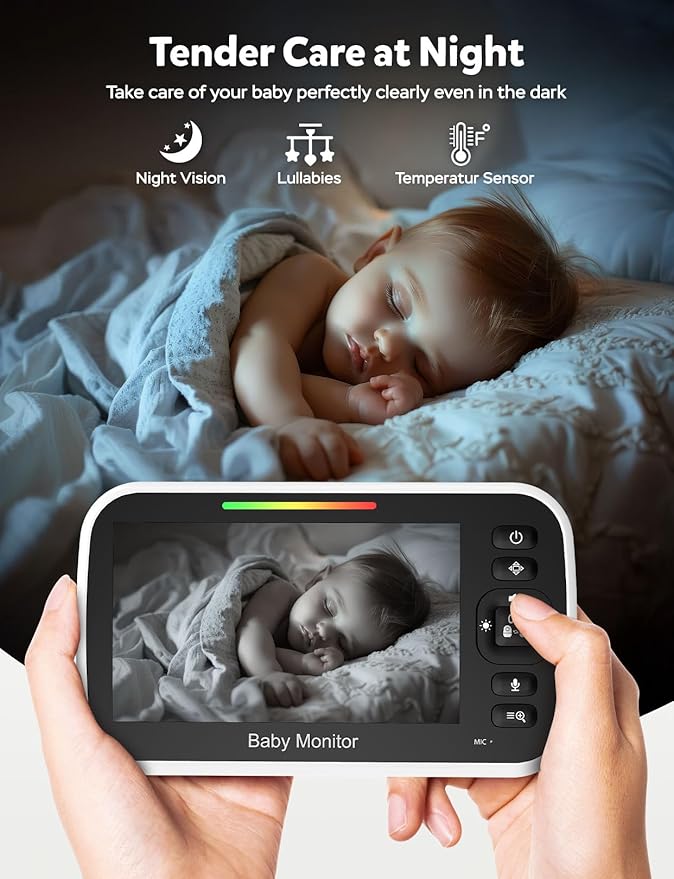 GoodBaby 5" Split Screen Baby Monitor with 2 Cameras and Audio, No WiFi Secure FHSS, 30-Hour Battery, Remote PTZ, Auto Night Vision, Room Temperature, Two-Way Audio，Lullabies，1000ft Range