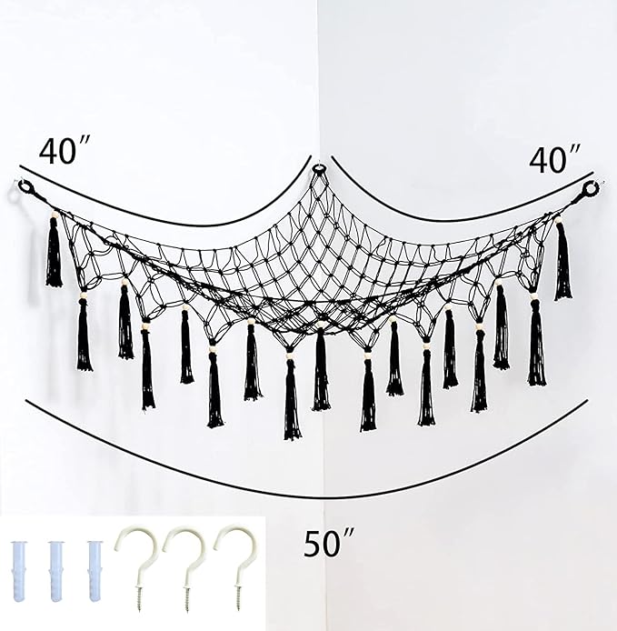 Large Stuffed Animal Net Toy Hammock with Tassel-Corner Hanging Net for Plush Toy Holder Boho Macrame Toy Display,Toy Storage Organizer for Kids Room, Nursery, Bedroom