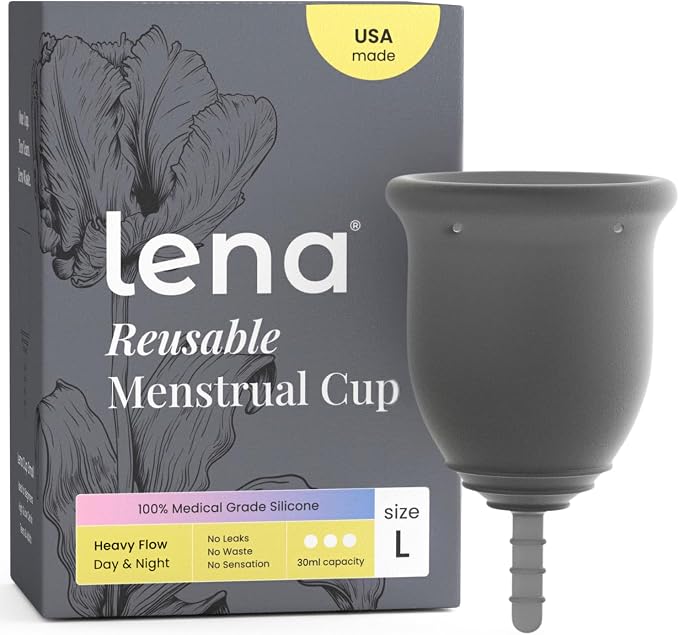 Lena Menstrual Cup Original - Soft Medical-Grade Silicone Period Cups for Women Heavy Flow, Reusable and Comfortable 12-Hour Leak-Free Protection, Beginner-Friendly Feminine Care - Large, Gray