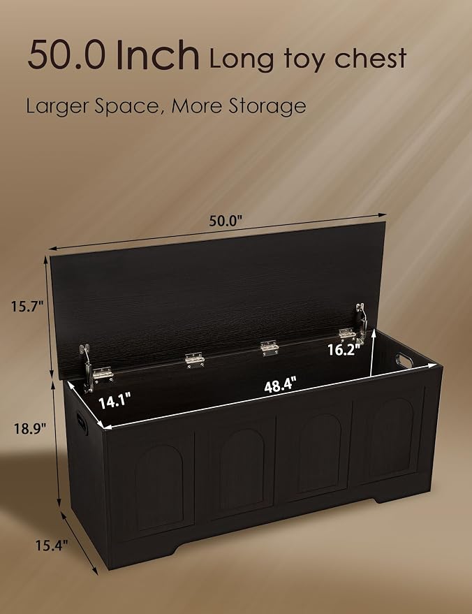 Storage Chest, Wooden Toy Box, Espresso 50.0" L | Extra Large Storage Bench, 2 Soft-close Hinges, Finger-safe Flip-Top Lid, Easy Assembly, Farmhouse Trunk, Living Room/Bedroom