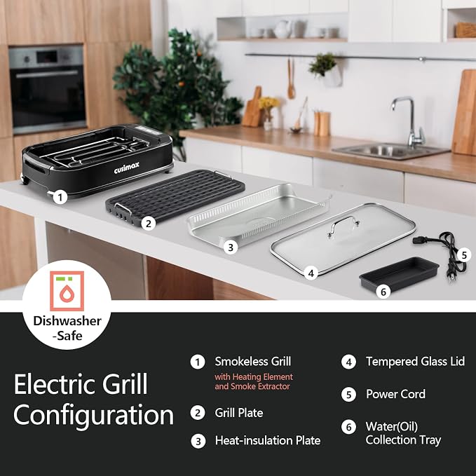 Smokeless Grill Indoor, CUSIMAX Electric Grill, 1500W Indoor Grill, Black | Portable Korean BBQ Grill with Smart LED Display & Tempered Glass Lid, Non-stick Removable Plate, Dishwasher Safe
