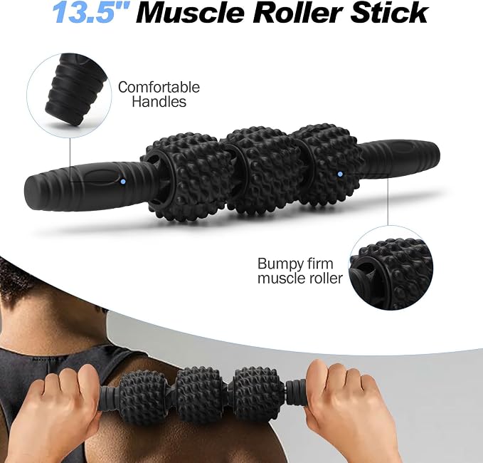 JOYENERGY 5 in 1 Foam Roller Set Trigger Point Foam Roller, Massage Roller Stick, Massage Ball, Stretching Strap for Deep Muscle Massage Pilates Yoga, Fitness Exercise for Whole Body (Black Diamond)