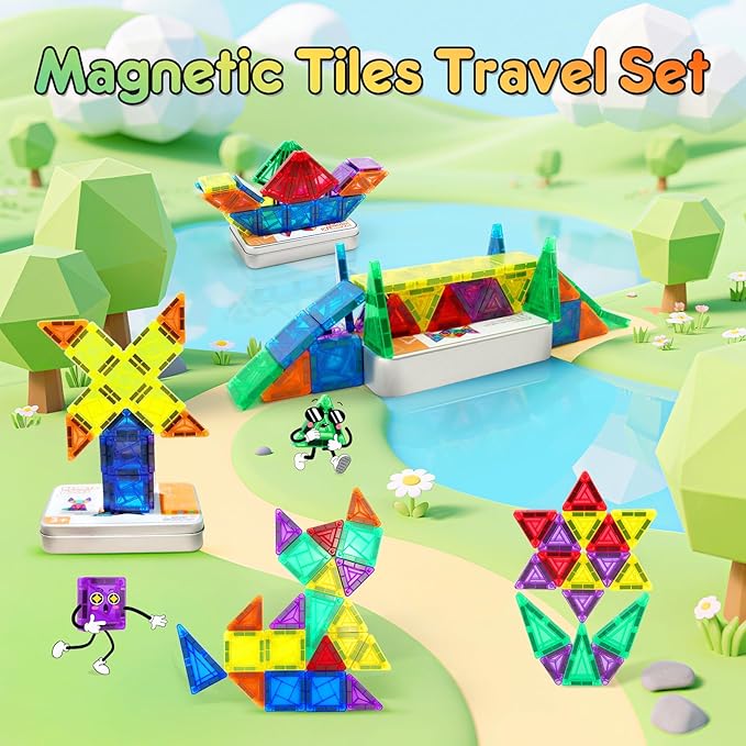 CS COSDDI 42PCS Magnetic Travel Toddler Set with Iron Storage Box, Mini Magnetic Blocks Kids Toys, Portable Magnetic Blocks Building Kids Toys for 3-5 Year Olds Boys Girls Birthday Gift