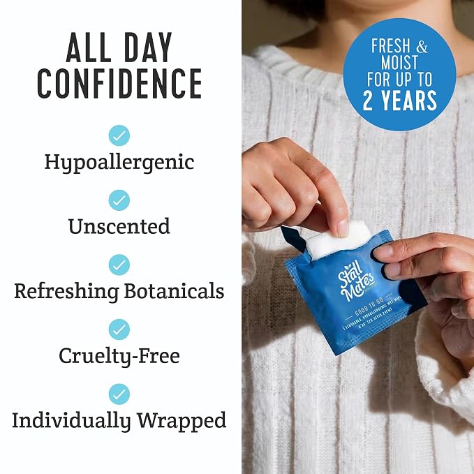 Stall Mates Witch Hazel: Flushable Wipes, Individually Wrapped, Travel Friendly, Soothing Witch Hazel, Unscented with Cucumber, Aloe and Chamomile, (30 on-the-go singles)