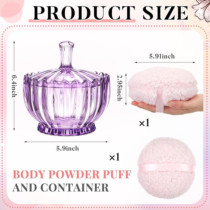 Tioncy 2 Pcs Extra Large Dusting Powder Puff and Container for Women-6'' Glass Crystal Dusting Powder Container Soft Washable Reusable Velour Face(Purple,Scalloped)