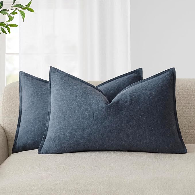 Foindtower Pack of 2, Decorative Linen Solid Throw Pillow Covers Soft Accent Lumbar Cushion Case Boho Farmhouse Pillowcase for Couch Sofa Bedroom Living Room Home Decor 12 x 20 Inch Navy Blue