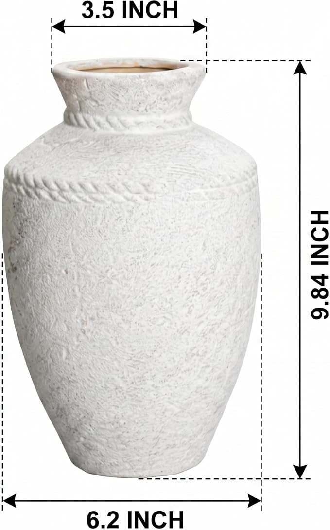White Ceramic Flower Vase Home Decor 10 Inch Rustic Farmhouse Vase Decorative Pottery Terracotta Vases for Pampas Grass Dining Table Living Room Shelf Kitchen Bedroom Decor