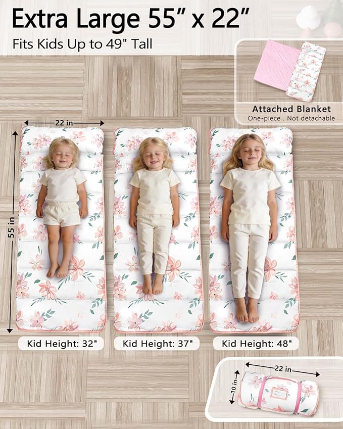 Primlect Thickened Toddler Nap Mat with Removable Pillow and Minky Blanket, Extra Large 55''x35'' Sleeping Bag, Washable, Roll up, Perfect for Daycare, Preschool, Kindergarten, Boys and Girls Flowers