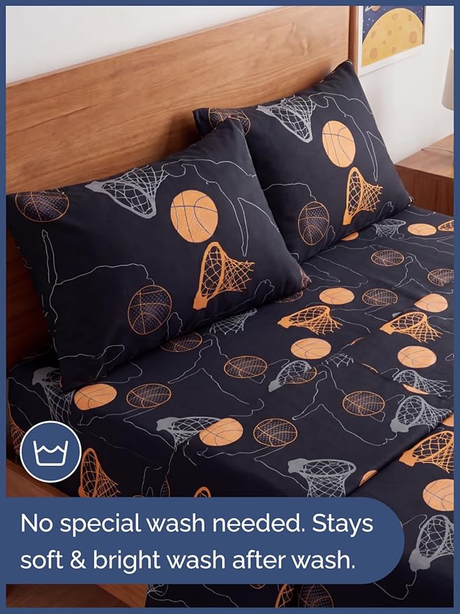 CGK Unlimited Kids Halloween Hoops Queen 4 Piece Sheet Set - Boys, Girls, Teens, Toddler - Easy Fit Deep Pockets - Soft, Cooling & Breathable Sheets - Cozy, Fade and Wrinkle Free - Machine Washable