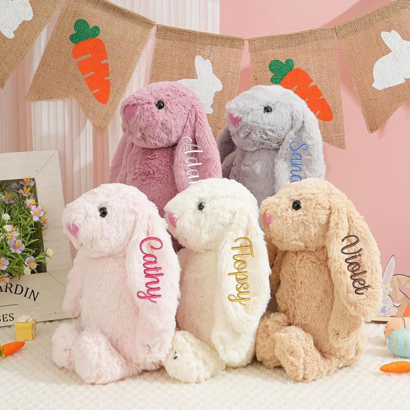 Custom Easter Bunny Plush for Babies with Embroidered Name, Handmade Personalized Plush Rabbit Bunny Stuffed Animal for Girl Boy Baby Gift(11.8inches- 1 ear embroidery)
